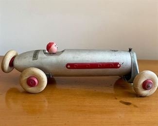 LOT #103 - $40 - Vintage Wooden "Silver Bullet" Race Car and Gasoline Tank by Skipper Mfg. Co, Chicago