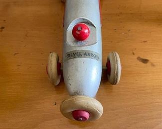 LOT #103 - $40 - Vintage Wooden "Silver Bullet" Race Car and Gasoline Tank by Skipper Mfg. Co, Chicago