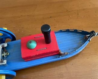 LOT #112 - $45 - Vintage Wooden "Clermont" Boat Toy by Skipper Mfg. Co, Chicago (with box as shown)