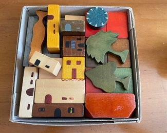 LOT #115 - $25 - Vintage Box of Children's Wooden Blocks / Play Set (Houses, Trees)