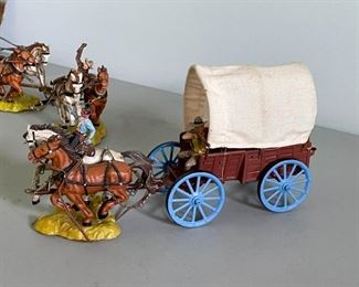 LOT #127 - $300 - Vintage Toy Lot - Western Buildings, Stagecoach & Covered Wagon - Some are Elastolin (all here included in the lot)