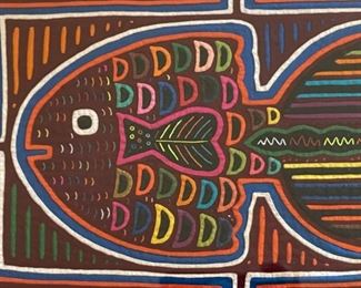 LOT #151 - $25 - Framed Vintage Mola Kuna Tapestry / Textile Folk Art, Fish (approx. 20.5" L x 15.25" H including frame)