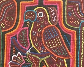 LOT #152 - $25 - Framed Vintage Mola Kuna Tapestry / Textile Folk Art, Parrot (approx. 18.25" L x 18.5" H including frame)