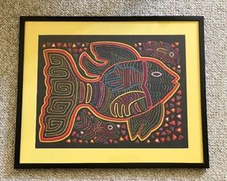 LOT #153 - $25 - Framed Vintage Mola Kuna Tapestry / Textile Folk Art, Fish (approx. 22" L x 18" H including frame)