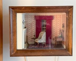 LOT #159 - $95 - Wall Mount Diorama - Miniature Room - Doll House (window lights up), approx. 14.5" L x 11.5" H x 9" Deep