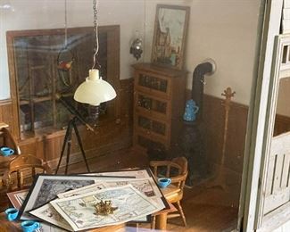 LOT #163 - $190 - Miniature Room Diorama - Office with Maps & Stove (windows and wall sconce light up), approx. 16.75" L x 12.75" Deep x 11" H