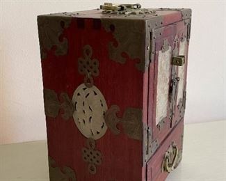 LOT #169 - $120 - Chinese Jewelry Box with Brass Hardware & Soapstone on Doors and Sides