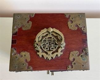 LOT #169 - $120 - Chinese Jewelry Box with Brass Hardware & Soapstone on Doors and Sides