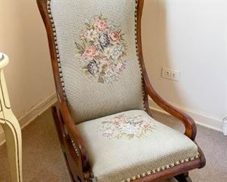 LOT #182 - $100 - Antique Rocking Chair with Needlepoint Back & Seat