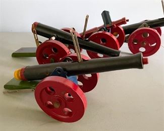 LOT #133 - $120 - Vintage Toy Lot - Littlefield Wooden Spring-Loaded Cannons (4 cannons, extra parts & 2 boxes of "cannonballs" included in this lot), working order unknown