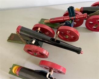 LOT #133 - $120 - Vintage Toy Lot - Littlefield Wooden Spring-Loaded Cannons (4 cannons, extra parts & 2 boxes of "cannonballs" included in this lot), working order unknown