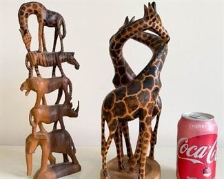 LOT #234 - $32 - Lot of 2 African Animals Wood Carvings / Sculptures (giraffes, elephant, zebra, etc.)