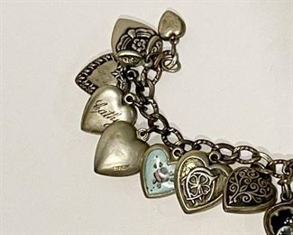 LOT #267 - $150 - Vintage Sterling Silver Charm Bracelet with Loads of Heart Charms