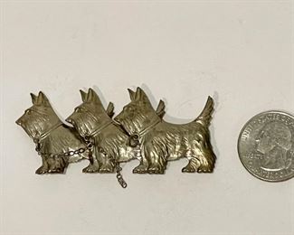 LOT #277 - $28 - Vintage Sterling Silver Scottie Dogs Brooch / Pin (one of the small chains linking dogs together needs repair)