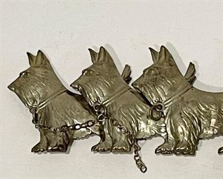 LOT #277 - $28 - Vintage Sterling Silver Scottie Dogs Brooch / Pin (one of the small chains linking dogs together needs repair)