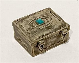 LOT #287 - $20 - Mexican Silver Pill Box with Turquoise (Unmarked)
