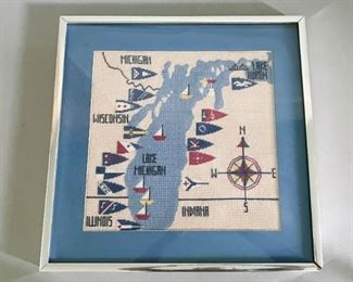 LOT #315 - $15 - Framed Needlepoint - Lake Michigan Sailing / Sailboats (approx. 19.25" L x 19.25" H including frame), could use reframing