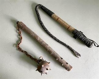 LOT #337 - $280 - Vintage Medieval Iron Spike Ball Mace and Leather Whip (2 items included in this lot)