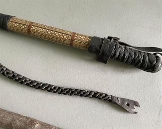 LOT #337 - $280 - Vintage Medieval Iron Spike Ball Mace and Leather Whip (2 items included in this lot)