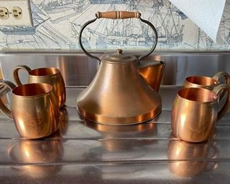 LOT #355 - $30 - Four West Bend Solid Copper Mugs & A Teapot