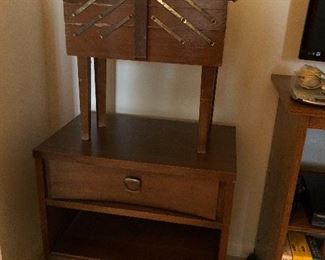 Vintage sewing box and mid-century modern accent table.  Many MCM side/accent tables to be sold.