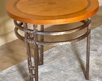Steel Frame Oak Top End Table 23in H x 24in Diameter