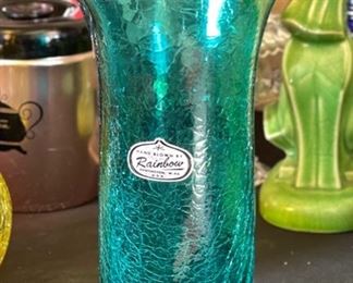 Vintage Rainbow Art Crackle Glass Vase Ruffle Rim 9.25in H x 6x6in HxWxD