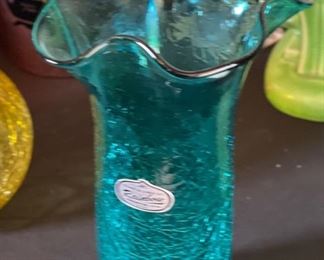 Vintage Rainbow Art Crackle Glass Vase Ruffle Rim 9.25in H x 6x6in HxWxD