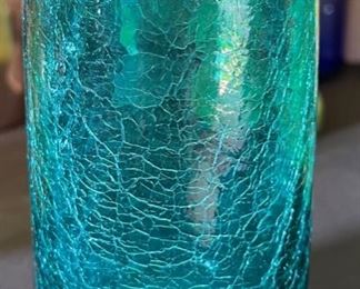 Vintage Rainbow Art Crackle Glass Vase Ruffle Rim 9.25in H x 6x6in HxWxD
