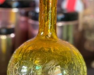 Vintage Crackle Glass Long Neck Ball Vase Yellow 8.75in H x 5in Diameter