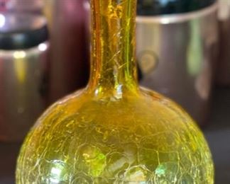 Vintage Crackle Glass Long Neck Ball Vase Yellow 8.75in H x 5in Diameter