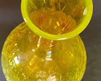 Vintage Crackle Glass Long Neck Ball Vase Yellow 8.75in H x 5in Diameter
