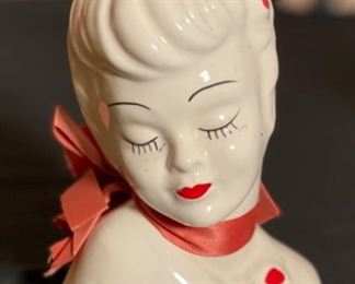 Head Vase Glamour Girl Red Accent Vintage Ceramic 5.25x4.25x3in