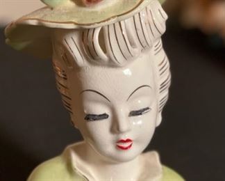 Ceramic Head Vase Green Gold Accent lady Vintage 6x4.5x4in HxWxD