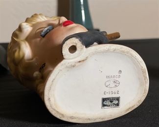 INARCO E-1062 Head Vase Fan Lady Vintage Ceramics 6.25x4x3.25in HxWxD