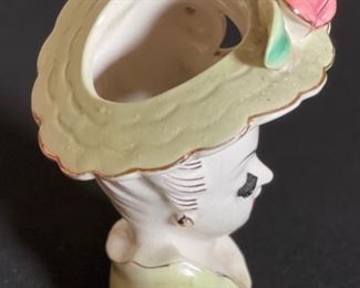 Ceramic Head Vase Green Gold Accent lady Vintage 6x4.5x4in HxWxD
