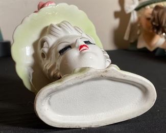 Ceramic Head Vase Green Gold Accent lady Vintage 6x4.5x4in HxWxD