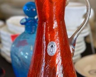Pilgrim Crackle glass Pitcher Orange 11.5in