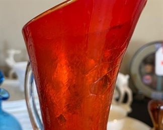 Pilgrim Crackle glass Pitcher Orange 11.5in