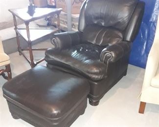 Hanxock & Moore leather chair with ottoman, dark chocolate