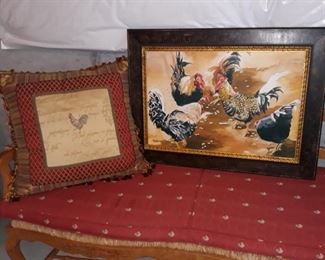 Same bench with the red cushion , decorative pillow and framed art with roosters