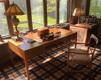 A.J. Iversen Desk and Chair with a Bradley & Hubbard Lamp.