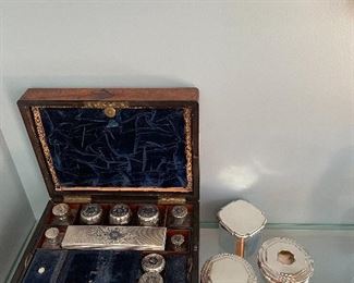 19th Century English Vanity Box, 2 piece Tiffany Sterling Dresser Set, Mappin Sterling Powder Box, and a MMA Sterling Box