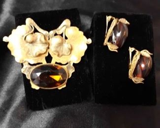 Vintage Amber Stone Brooch And Earrings By Josef Morton