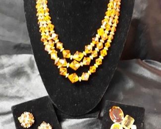 Vintage Amber Three Strand Necklace, Earrings And Brooch