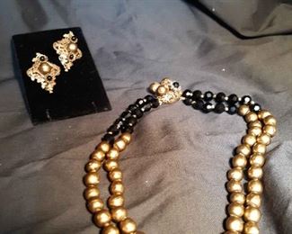 Vintage Black And Gold Choker And Earrings