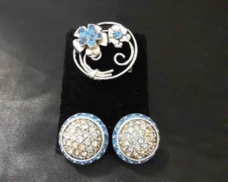 Vintage Blue And Silver Tone Brooch And Earrings By Coro