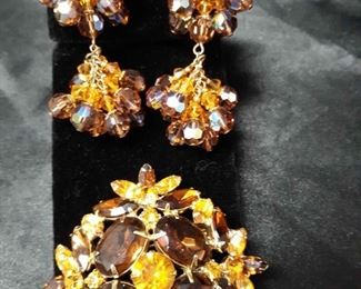 Vintage Chandelier Earrings And Brooch Amber Stones