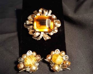 Vintage Orange And Gold Brooch And Earrings Kreisler
