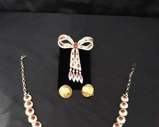 Vintage Red Jeweled Pin, Necklace And Earrings